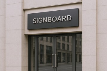 Obraz premium Modern Rectangular Signboard Mockup on Building Facade for Business Branding and Advertising Display