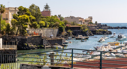 Catania, Sicily, Italy - 08 24 2025: Ognina Marina, also known as Porto Ulisse or Port Ulisse, 6kms from the centre of Catania, Sicily.