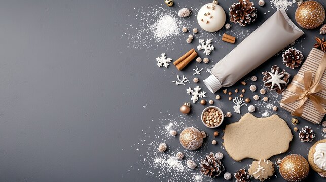 A festive flat lay arrangement featuring Christmas ornaments, pinecones, cinnamon sticks, snowflakes, a gift box, and cookie dough scattered on a grey surface.