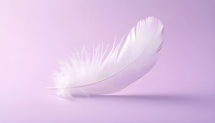 Single white ostrich feather floats on gradient purple background. Soft fluffy texture and light delicate structure convey purity and grace