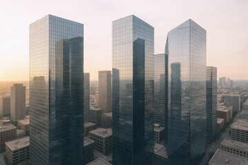 Fototapeta premium Modern Cityscape with Glass Skyscrapers Reflecting Sunset, Emphasizing Urban Development and Architectural Grandeur in the Evening Light