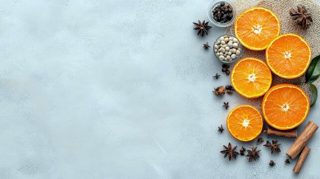 A vibrant arrangement of sliced oranges, cinnamon sticks, star anise, peppercorns, and cloves on a rustic burlap cloth against a light blue background.