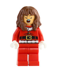 Naklejka premium Dortmund - Deutschland 13. November 2025 - Lego Figur Frau im Weihnachtsmann Kostüm - Studio Aufnahme