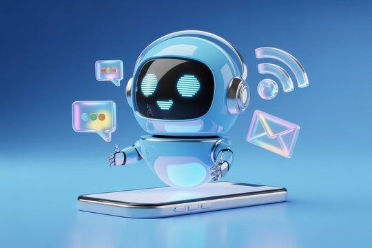 Cute robot chatbot icon on a smartphone with communication symbols, representing digital assistance and connectivity