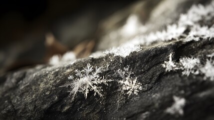 White mineral deposits like snowflakes on a dark stone surface. 