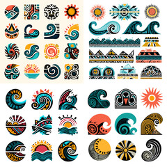 Obraz premium Tribal ocean-themed illustration set featuring stylized waves, suns, horizons, and water symbols in bold geometric patterns and vibrant coastal colors.