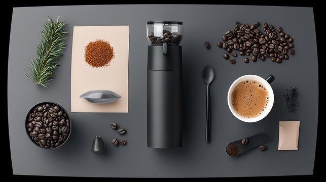 A flat lay arrangement showcasing coffee preparation elements including a grinder, whole beans, ground coffee, a cup of coffee, and a spoon. - Powered by Adobe