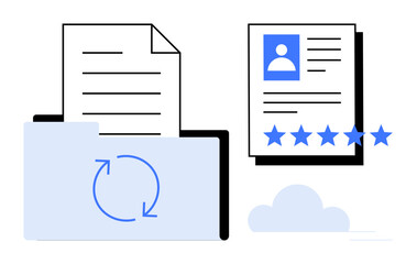 File synchronization icon with folder, document, and star-rated digital profile concept. Ideal for cloud storage, HR systems, user authentication, data backup, digital workflows, online portfolios