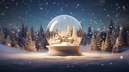 Magical Snow Globe with Winter Village at Night. Festive Christmas Holiday Scene with Snow-Covered Pines and Falling Snow.