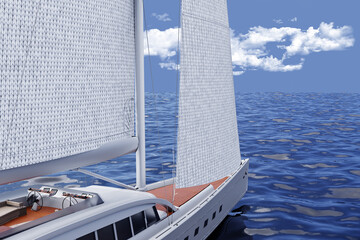 Barca a vela. Yacht a vela di lusso. Primo piano della barca, vista di tre quarti con sfondo orizzonte mare e cielo azzurro.