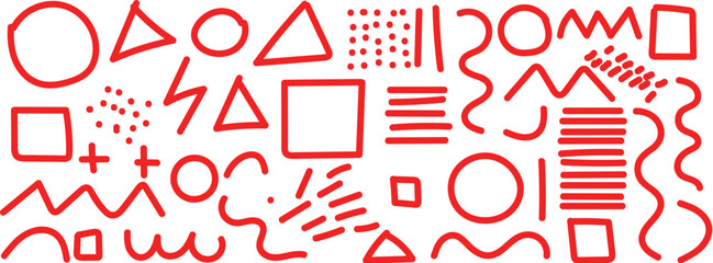 Abstract red geometric shapes and lines on black background A vibrant collection of red abstract geometric shapes, lines, and patterns arranged randomly on a dark black background.