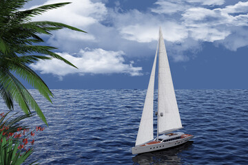 Barca a vela. Yacht a vela di lusso.  Barca che naviga  in mare blu, orizzonte di sfondo con mare e cielo azzurro. Palme tropicali in primo piano.