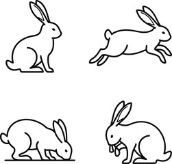 Four black outline rabbits in different poses on white background