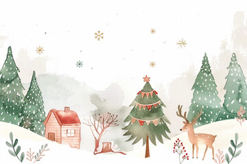 Hand-drawn style, cute minimalist Christmas tree, snowflakes and garlands, soft watercolor texture, gentle lighting, Scandinavian illustration style,modern warm feeling, pastel tones.