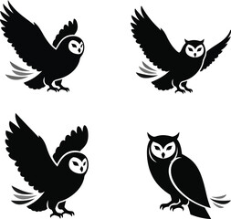 Four black owl graphic icons in various poses silhouette