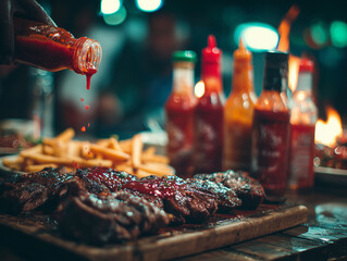 Dłoń polewa sosem grillowany, pokrojony stek, leżący na drewnianej desce. W tle widać frytki i rząd kolorowych butelek z sosami, w nocnej scenerii.
