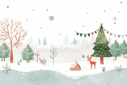 Hand-drawn style, cute minimalist Christmas tree, snowflakes and garlands, soft watercolor texture, gentle lighting, Scandinavian illustration style,modern warm feeling, pastel tones.