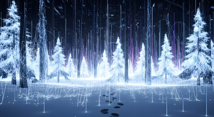 Enchanting winter forest bathed in ethereal blue light with glowing trees and mystical energy trails, inviting wonder and imagination