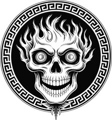 Flaming skull illustration, gothic vector art, fierce fire design, Greek key border, intense eyes, horror tattoo, black and white