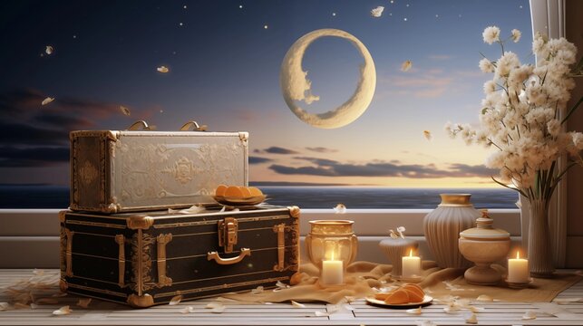 Enchanting night travel still life with vintage suitcases, soft candlelight, white blossoms, and crescent moon over a serene ocean at dusk.