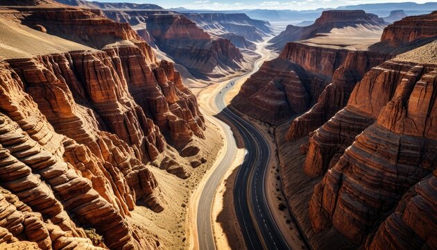 Grand Canyon Aerial View: Majestic Red Rock Landscape and Winding Road - Stunning Southwestern USA Travel Photography