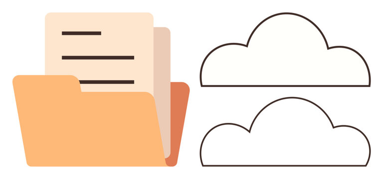 Open folder containing documents next to two outlined clouds. Ideal for data storage, organization, file sharing, document management, cloud services, technology, business. Simple flat metaphor