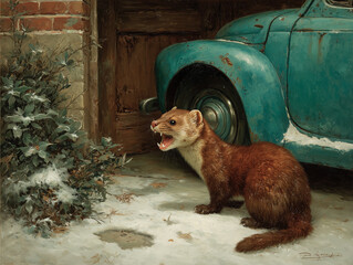 Realistyczny obraz kuny (gronostaja) z otwartą paszczą, stojącej na zaśnieżonym podwórku, obok zabytkowego, turkusowego samochodu i ceglanej ściany.