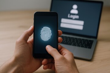 Fingerprint scan on smartphone for secure login to laptop showcasing digital security