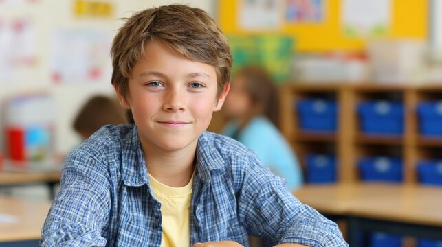 Confident Elementary Student Portrait in Classroom Setting for Educational or Child-Focused Campaigns - Powered by Adobe