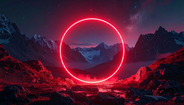 A glowing red neon circle floats above a reflective path—surreal portal of light and mystery, where twilight mountains and cosmic skies converge in a ritual of artificial reverence.