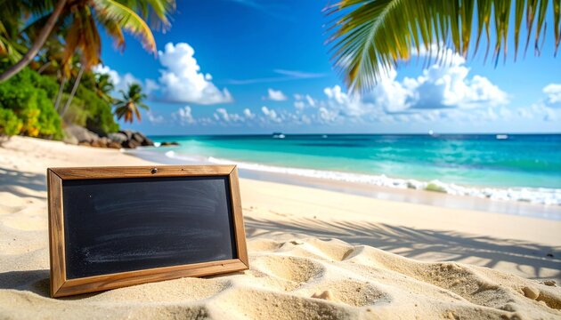 A blank chalkboard stands in beach sand—an open invitation to inscribe memory, learning, or silence amid turquoise waves, palm shadows, and the gentle breath of ocean breeze. - Powered by Adobe