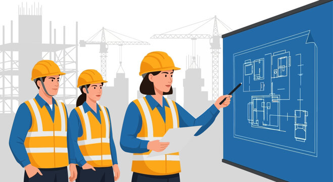 Diverse construction team reviewing blueprints at a building site presentation