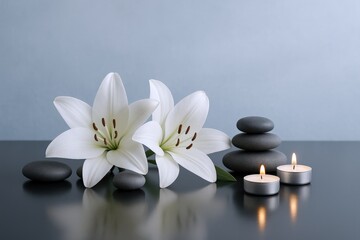 Zen Still Life with White Lilies, Spa Stones, and Tealight Candles for Relaxation and Wellness