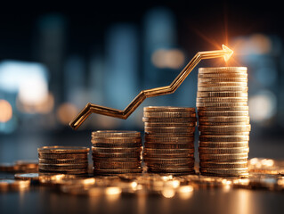 Złote monety ułożone w rosnące słupki, nad kt&oacute;rymi unosi się strzałka wzrostu skierowana w prawo. W tle rozmyty widok miasta. Sukces finansowy.