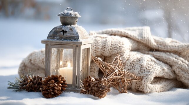 Winter Still Life: Rustic Lantern, Soft Blanket, and Pine Cones in a Snowy Landscape
