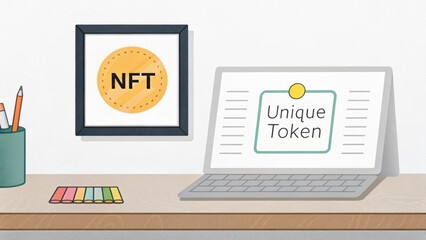 NFT framed art and a laptop display showcasing digital tokens