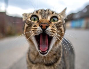 Close-up of a tabby cat with open mouth, focused, on a street