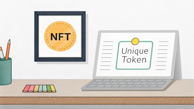 NFT framed art and a laptop display showcasing digital tokens