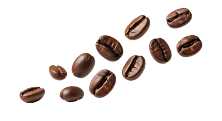 Close-up macro shot of rich, dark roasted coffee beans scattered and falling against a transparent background in studio lighting