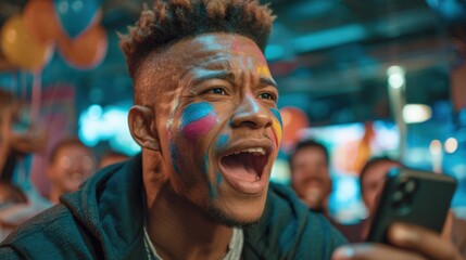 Obraz premium Enthusiastic young man watches game on smartphone, face painted with vibrant team colors, cheering with friends