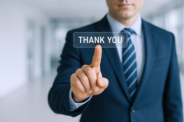 Businessman Touching a Virtual Thank You Button on Screen, Showing Gratitude and Appreciation