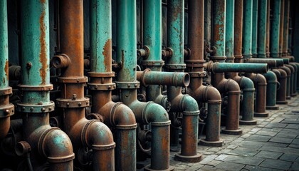 Industrial Pipeline Symphony: A Captivating Close-Up of Aged, Teal-Accented Metal Pipes in an Urban Landscape