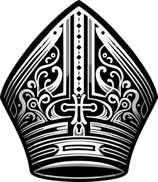 Intricate Black and White Bishop Mitre Hat Vector, Ornate Catholic Clergy Headwear, Cross Symbol Religious Line Art Illustration
