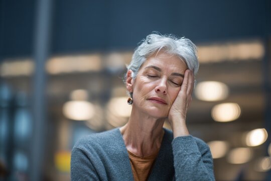 A mature woman with gray hair sits with her hand on her forehead, expressing fatigue and contemplation in a well-lit indoor environment during daytime hours