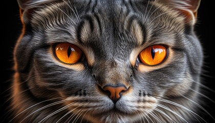 Intense Orange Eyes: Close-Up Portrait of a Majestic Gray Tabby Cat - Stunning Wildlife Photography