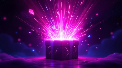 Glowing Gift Box with Purple Light Rays and Confetti Explosion