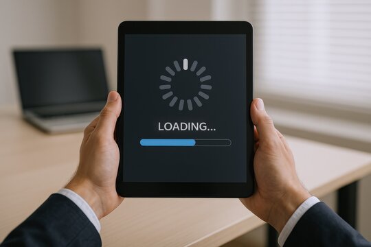 Hands Holding Tablet Displaying Loading Screen with Progress Bar on Desk for Technology Concept