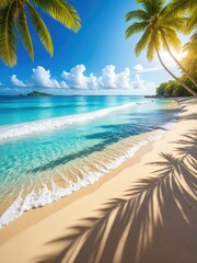 Idyllic Tropical Beach Paradise: Crystal Turquoise Ocean Waves, Golden Sand, Swaying Palms & Bright Sunny Sky Scene.
