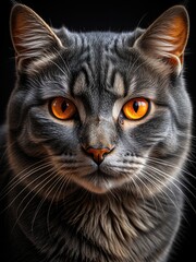 Intense Portrait of a Gray Tabby Cat with Striking Amber Eyes - Feline Beauty, Close-Up, Dramatic Lighting