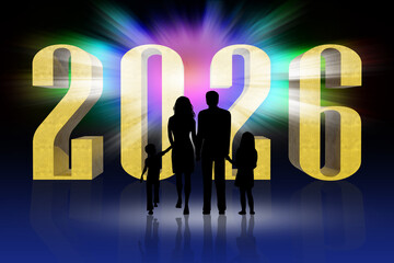 Le sagome di una famiglia, composta da due adulti e due bambini, sono in piedi davanti a un grande numero dorato, il "2026". Sfondo con esplosione astratta e radiosa di colori. Capodanno 2026